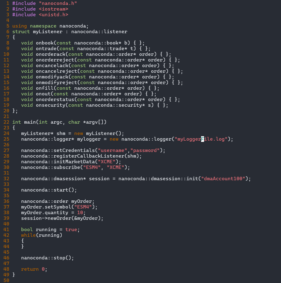 Nanoconda C++ API – sample strategy code